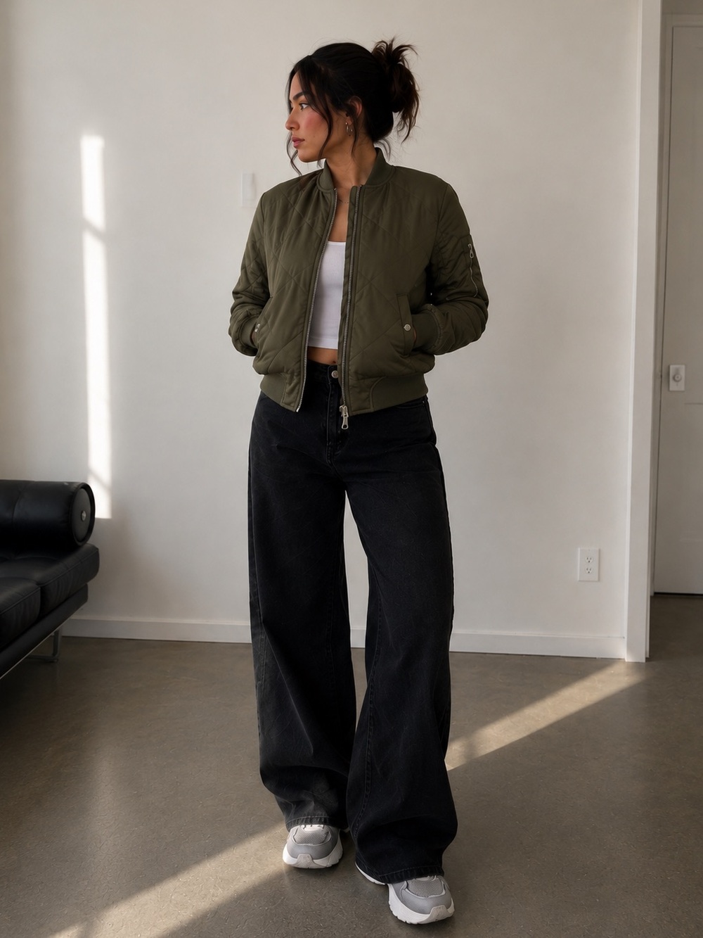 TOPSHOP Olive Green Quilted Bomber Jacket - Women